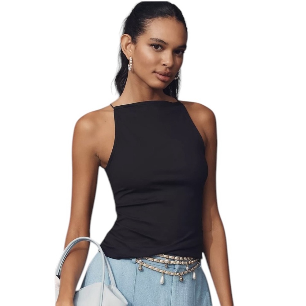 NEW Anthropologie Maeve Square Neck High Neck Tank Top Minimalist Black Size XL